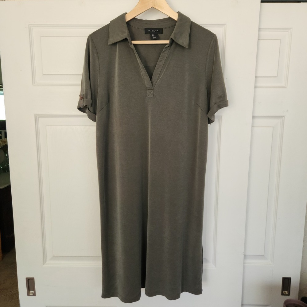 Tahari Women's Dark Sage Green Polo style Midi Dress V‎ neckline - Large